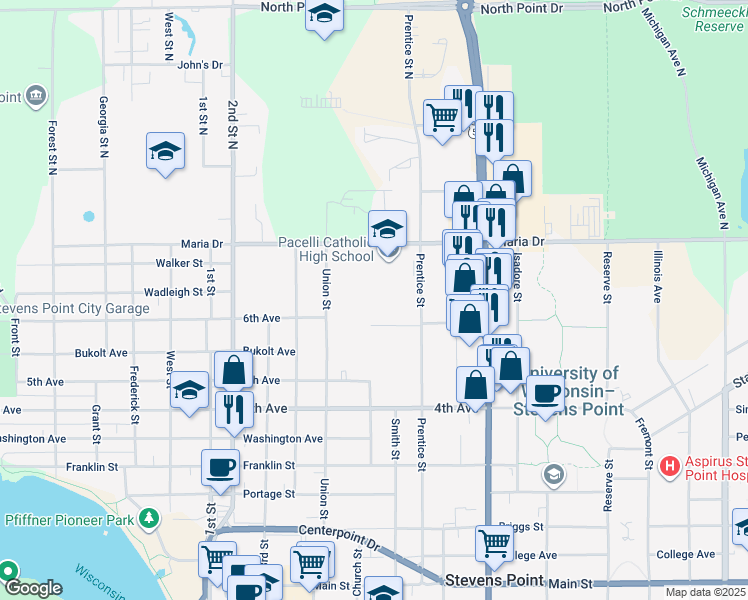 map of restaurants, bars, coffee shops, grocery stores, and more near 1301 Maria Drive in Stevens Point