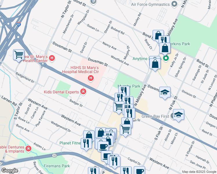 map of restaurants, bars, coffee shops, grocery stores, and more near 1668 Shawano Avenue in Green Bay