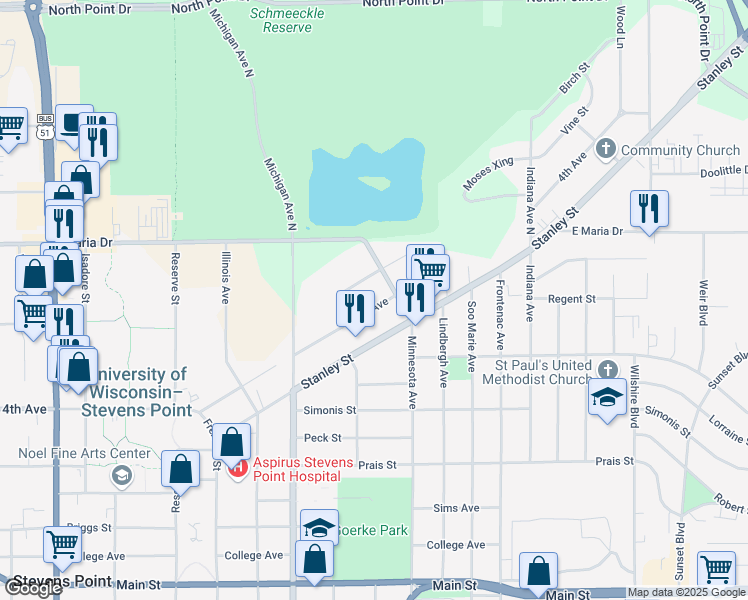 map of restaurants, bars, coffee shops, grocery stores, and more near 2701 4th Avenue in Stevens Point