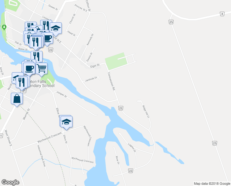 map of restaurants, bars, coffee shops, grocery stores, and more near 38 Concession Road in Kawartha Lakes