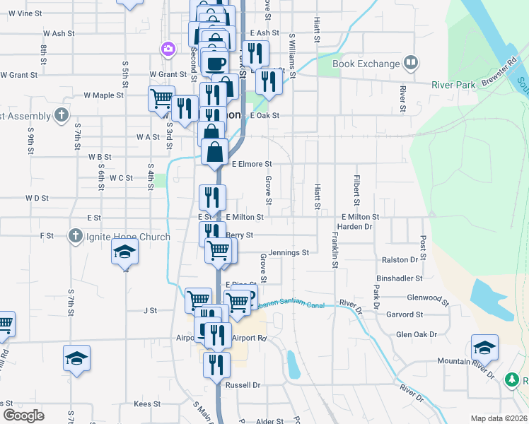 map of restaurants, bars, coffee shops, grocery stores, and more near 198 East Milton Street in Lebanon