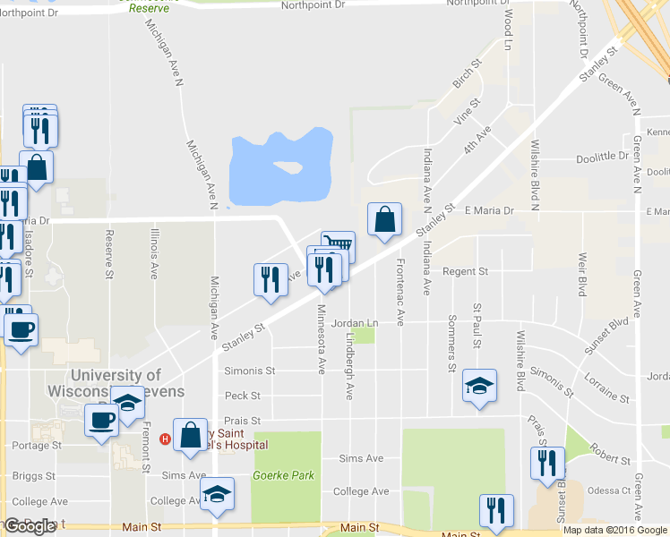 map of restaurants, bars, coffee shops, grocery stores, and more near 2824 Stanley Street in Stevens Point