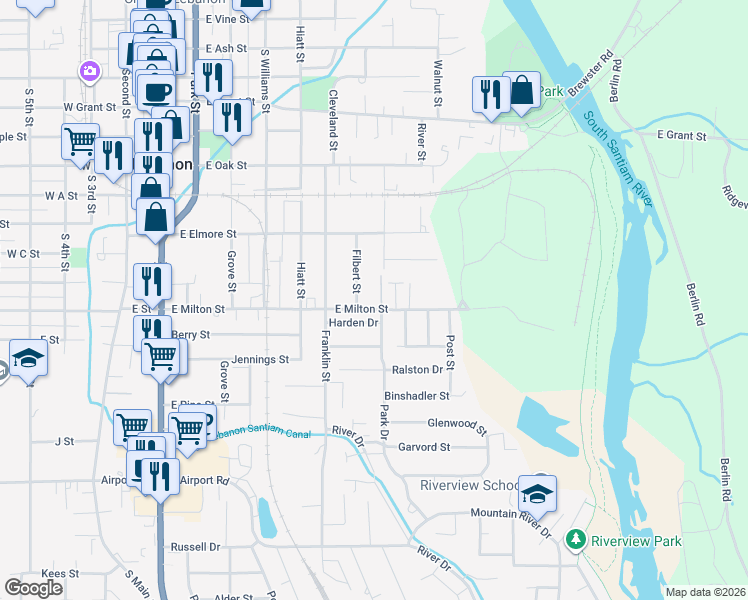 map of restaurants, bars, coffee shops, grocery stores, and more near 681 East Milton Street in Lebanon