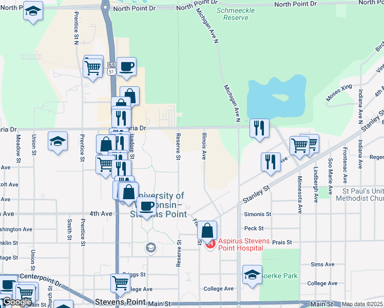 map of restaurants, bars, coffee shops, grocery stores, and more near 201 Reserve Street in Stevens Point