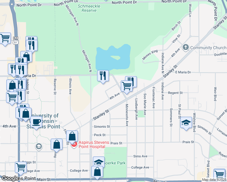 map of restaurants, bars, coffee shops, grocery stores, and more near 473 Clayton Avenue in Stevens Point