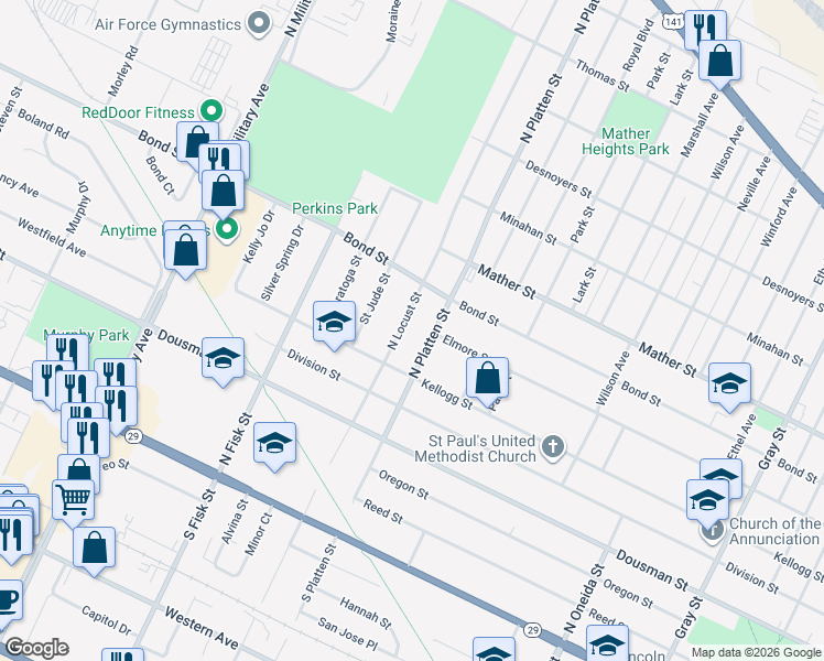 map of restaurants, bars, coffee shops, grocery stores, and more near 406 North Locust Street in Green Bay