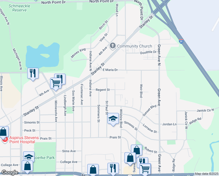 map of restaurants, bars, coffee shops, grocery stores, and more near 3401 Regent Street in Stevens Point