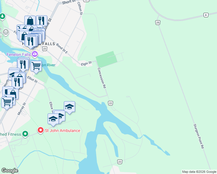 map of restaurants, bars, coffee shops, grocery stores, and more near 38 Concession Road in Kawartha Lakes