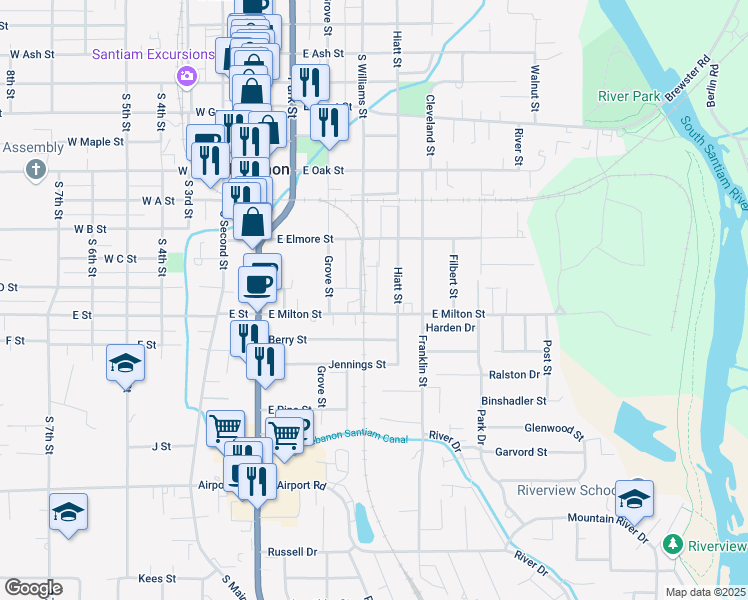 map of restaurants, bars, coffee shops, grocery stores, and more near 274 East Milton Street in Lebanon