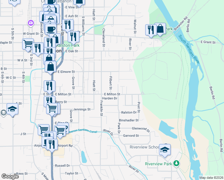 map of restaurants, bars, coffee shops, grocery stores, and more near 681 East Milton Street in Lebanon
