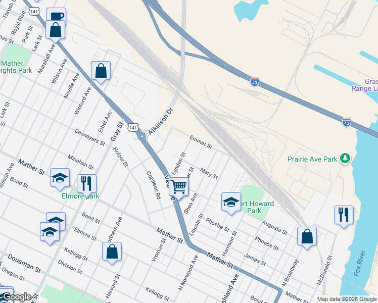 map of restaurants, bars, coffee shops, grocery stores, and more near 926 Mary Street in Green Bay