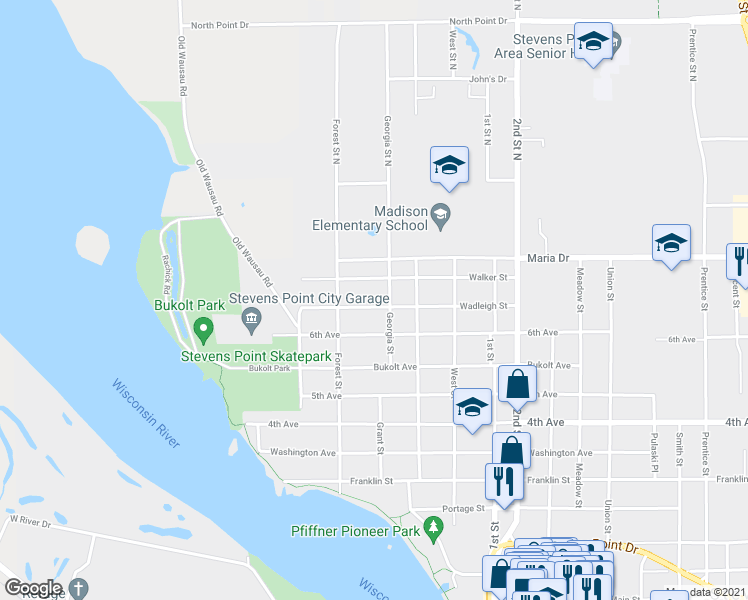 map of restaurants, bars, coffee shops, grocery stores, and more near 449 Wadleigh Street in Stevens Point