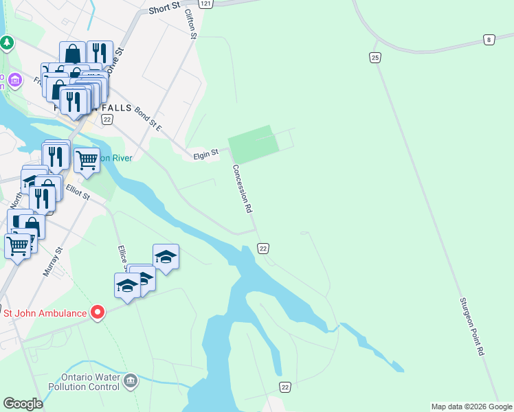 map of restaurants, bars, coffee shops, grocery stores, and more near 38 Concession Road in Kawartha Lakes