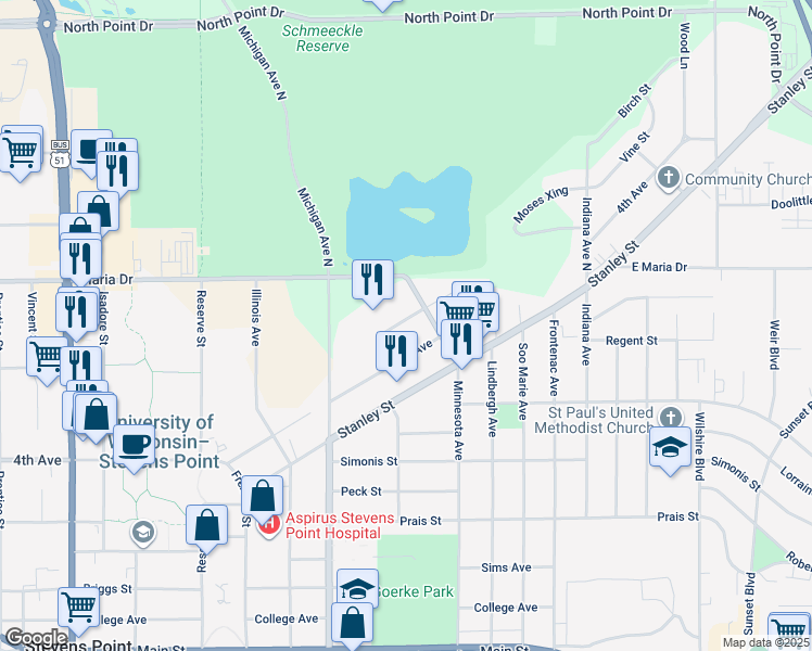 map of restaurants, bars, coffee shops, grocery stores, and more near 2615 5th Avenue in Stevens Point