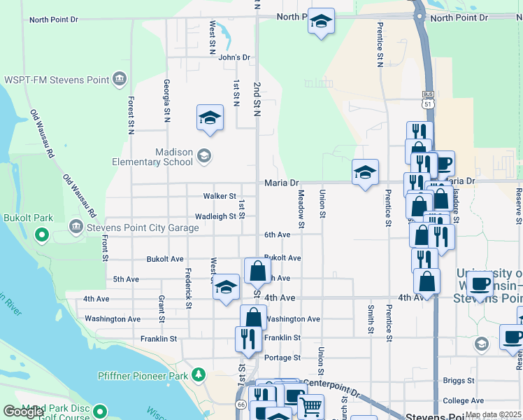 map of restaurants, bars, coffee shops, grocery stores, and more near 316 2nd Street North in Stevens Point