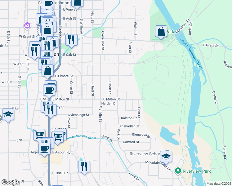 map of restaurants, bars, coffee shops, grocery stores, and more near 681 East Milton Street in Lebanon