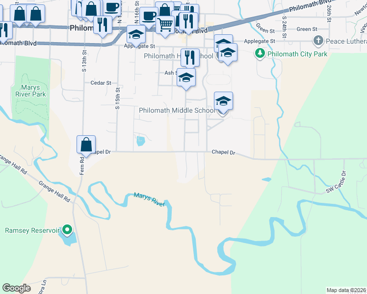 map of restaurants, bars, coffee shops, grocery stores, and more near 1910 Chapel Drive in Philomath
