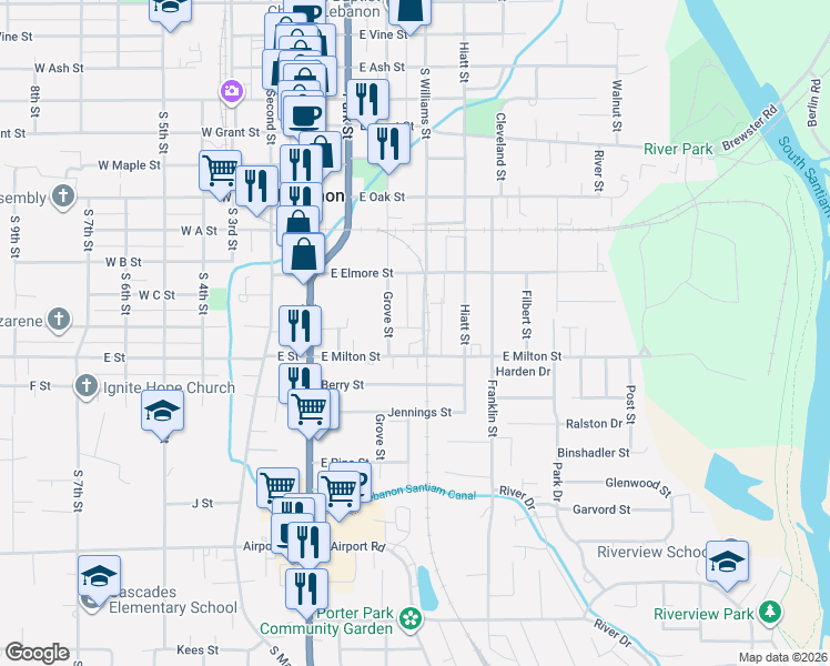 map of restaurants, bars, coffee shops, grocery stores, and more near 274 East Milton Street in Lebanon