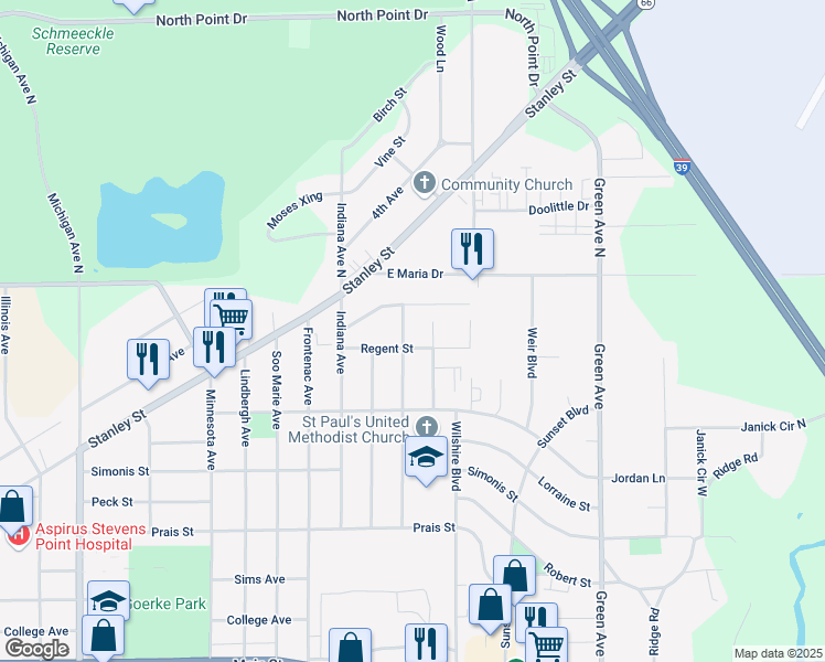 map of restaurants, bars, coffee shops, grocery stores, and more near 3401 Regent Street in Stevens Point