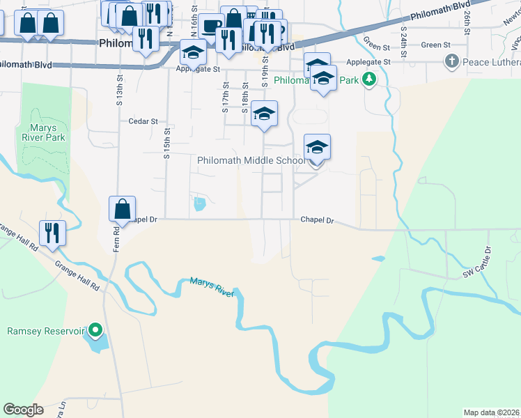 map of restaurants, bars, coffee shops, grocery stores, and more near 1904 Starker Place in Philomath