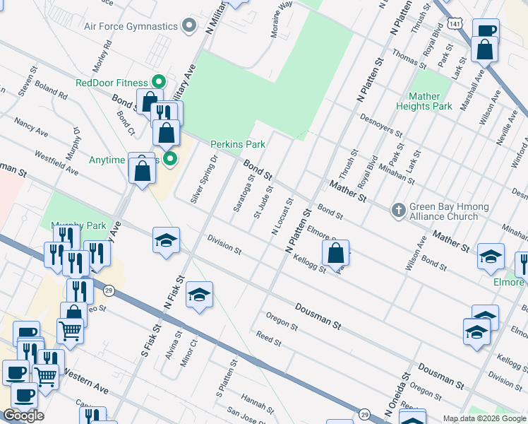 map of restaurants, bars, coffee shops, grocery stores, and more near 512 Saint Jude Street in Green Bay