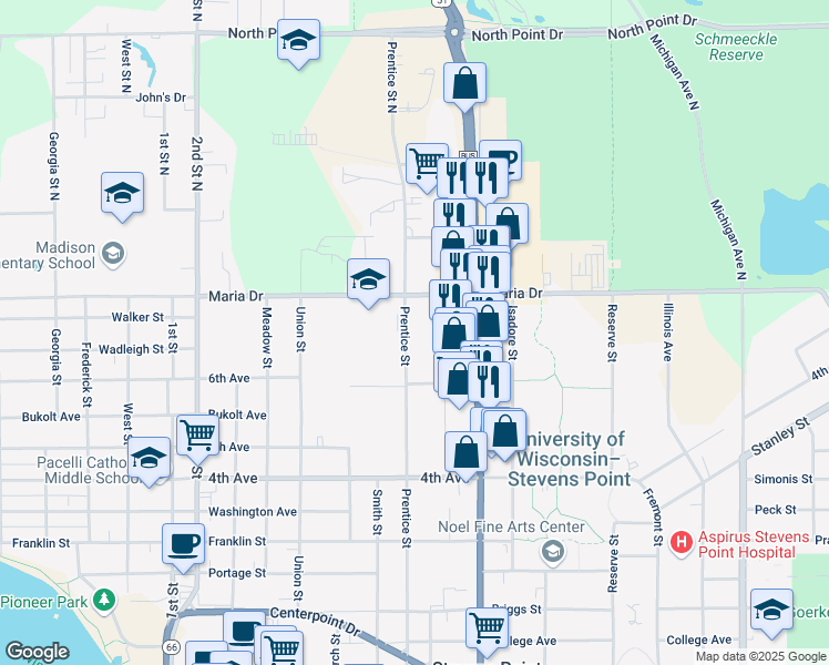 map of restaurants, bars, coffee shops, grocery stores, and more near 219 Prentice Street in Stevens Point
