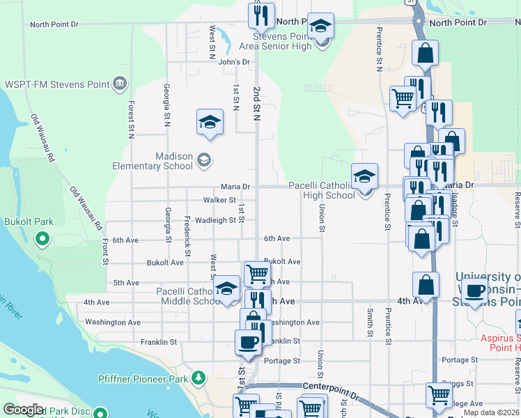 map of restaurants, bars, coffee shops, grocery stores, and more near 124 2nd Street in Stevens Point