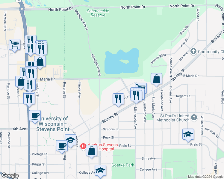 map of restaurants, bars, coffee shops, grocery stores, and more near 2516 5th Avenue in Stevens Point