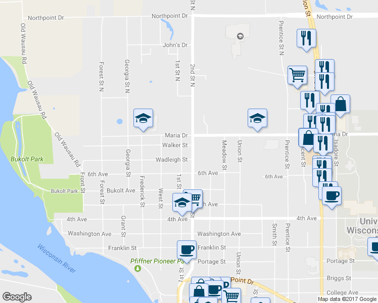 map of restaurants, bars, coffee shops, grocery stores, and more near 216 2nd Street in Stevens Point