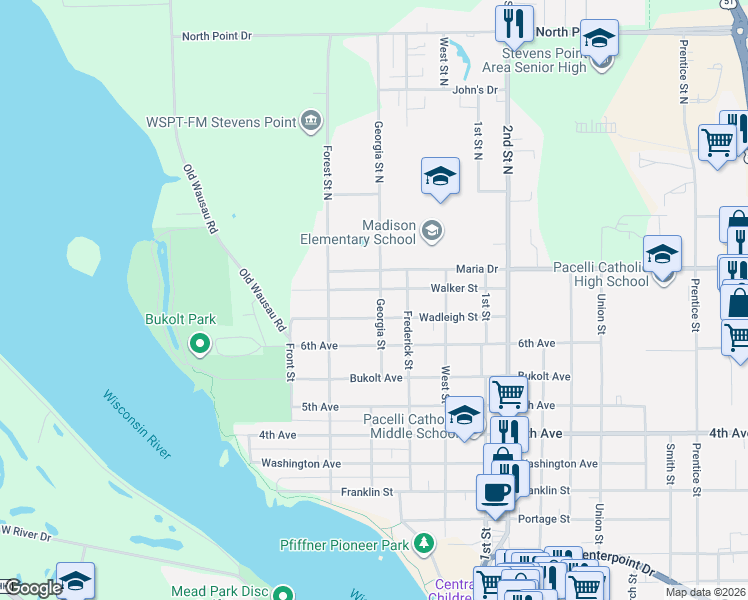 map of restaurants, bars, coffee shops, grocery stores, and more near 448 Walker Street in Stevens Point