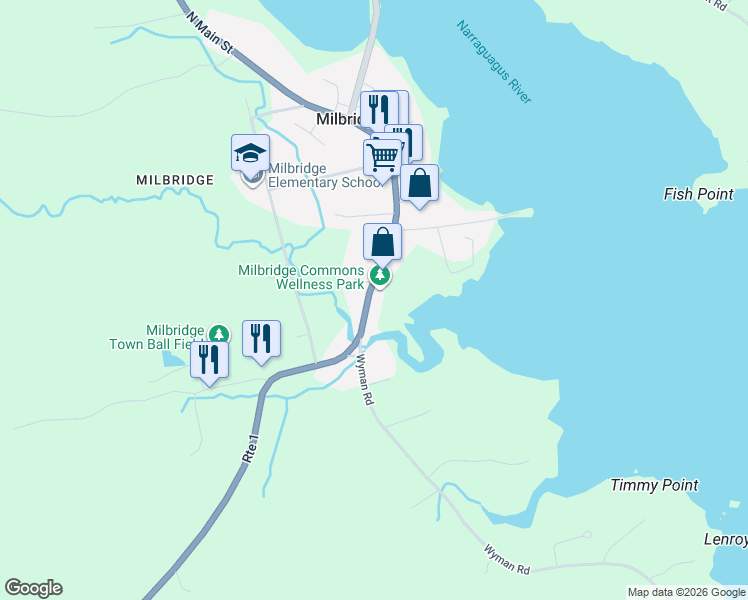 map of restaurants, bars, coffee shops, grocery stores, and more near 82 Main Street in Milbridge