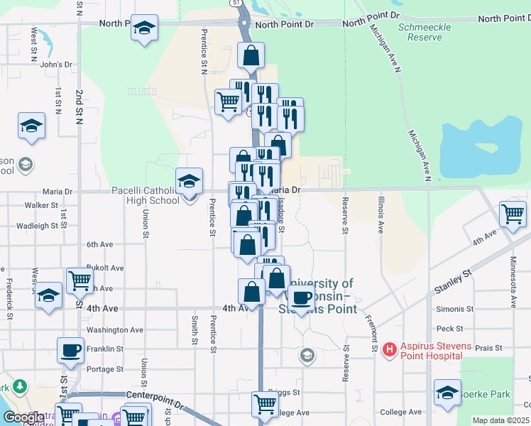 map of restaurants, bars, coffee shops, grocery stores, and more near 200 Isadore Street in Stevens Point