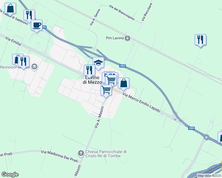 map of restaurants, bars, coffee shops, grocery stores, and more near 3 Via D. Alighieri in Lavino di Mezzo