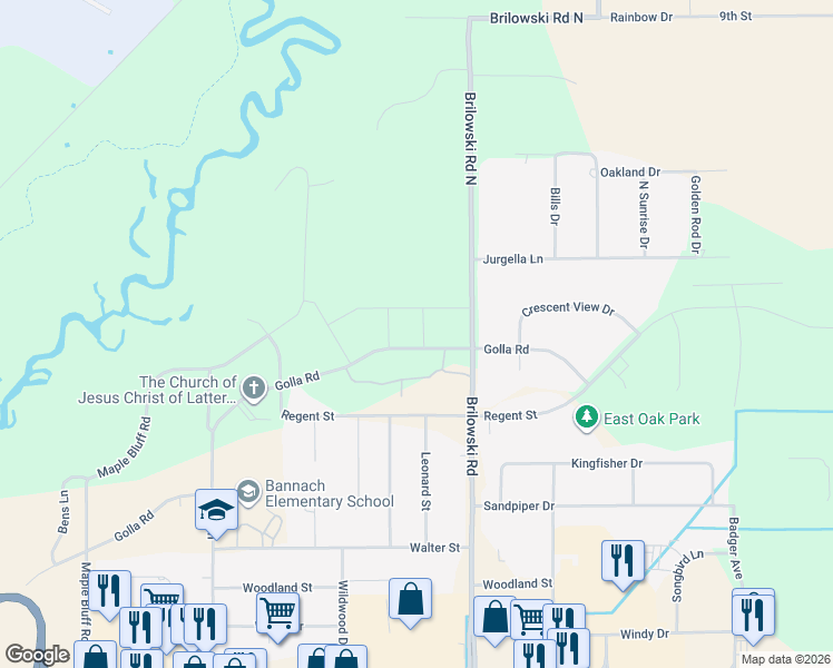 map of restaurants, bars, coffee shops, grocery stores, and more near 5498 Golla Road in Stevens Point