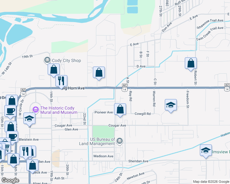 map of restaurants, bars, coffee shops, grocery stores, and more near 2425 Big Horn Avenue in Cody