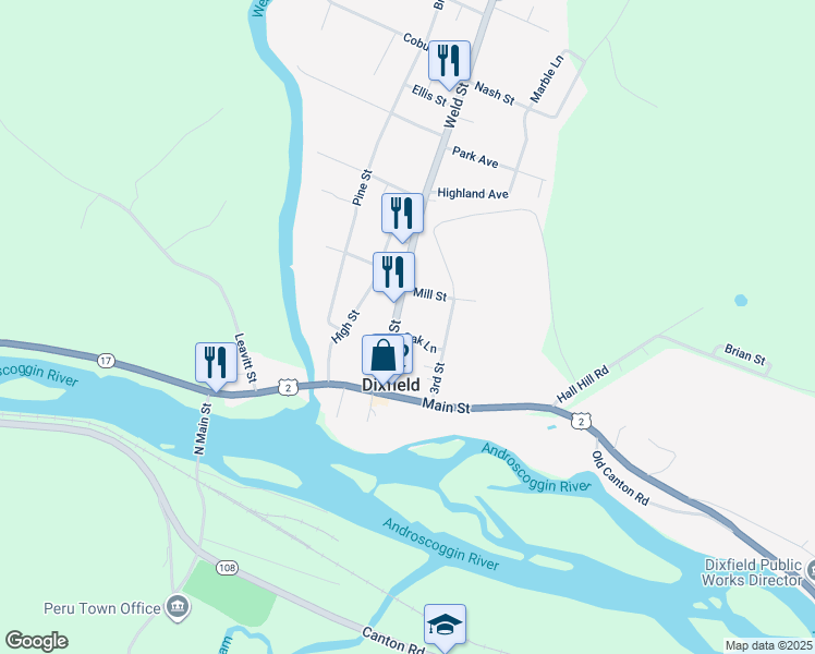 map of restaurants, bars, coffee shops, grocery stores, and more near 9 Mill Street in Dixfield