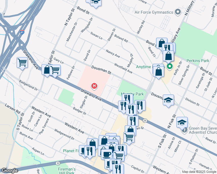 map of restaurants, bars, coffee shops, grocery stores, and more near 1673 Dousman Street in Green Bay