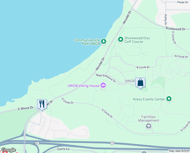 map of restaurants, bars, coffee shops, grocery stores, and more near 2425-2447 Nicolet Drive in Green Bay
