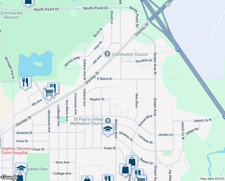 map of restaurants, bars, coffee shops, grocery stores, and more near 3509 Harmony Lane in Stevens Point