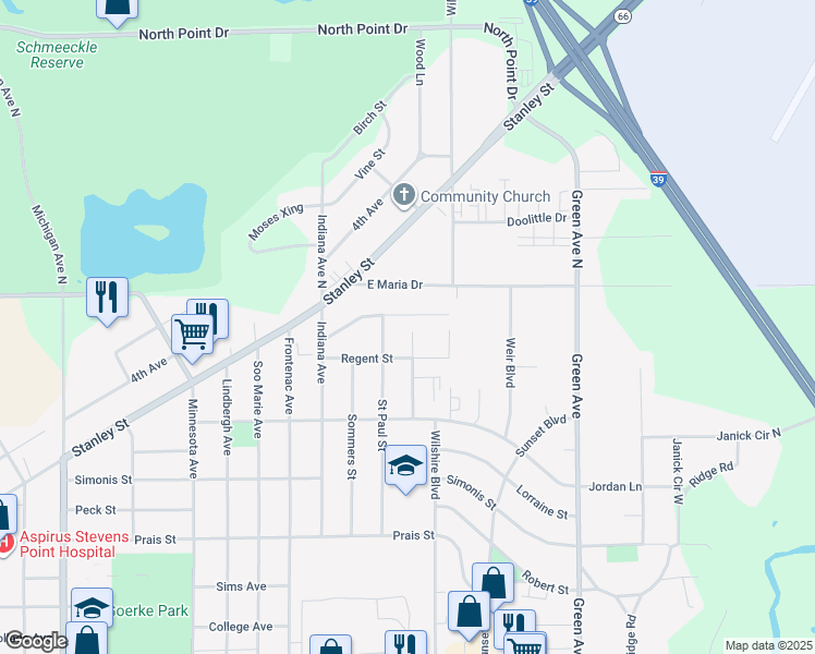 map of restaurants, bars, coffee shops, grocery stores, and more near 3409 East Maria Drive in Stevens Point