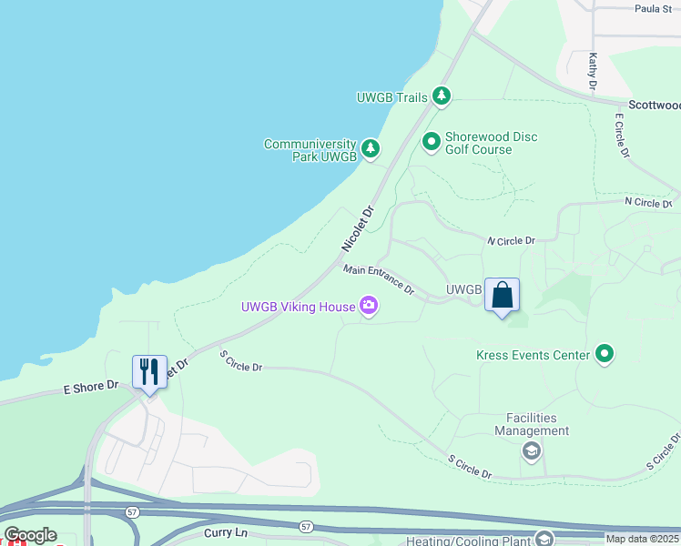 map of restaurants, bars, coffee shops, grocery stores, and more near 2420 Nicolet Drive in Green Bay