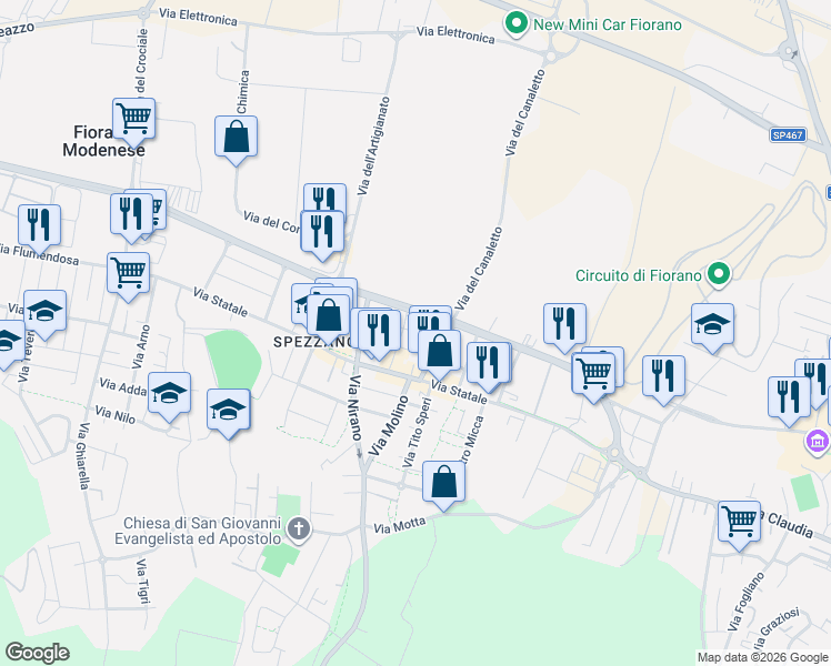 map of restaurants, bars, coffee shops, grocery stores, and more near 6 Via Giuseppe Garibaldi in Fiorano Modenese