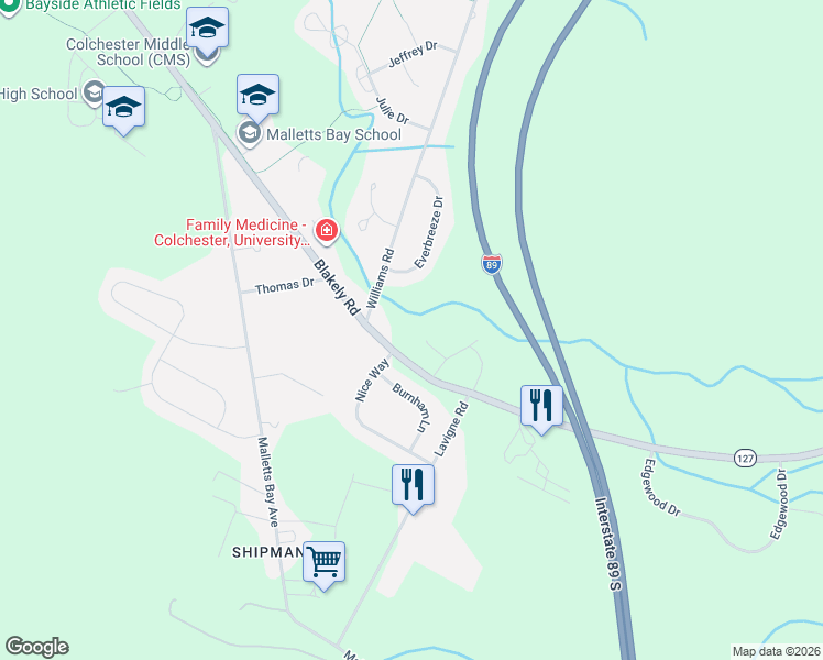 map of restaurants, bars, coffee shops, grocery stores, and more near 1029 Blakely Road in Colchester