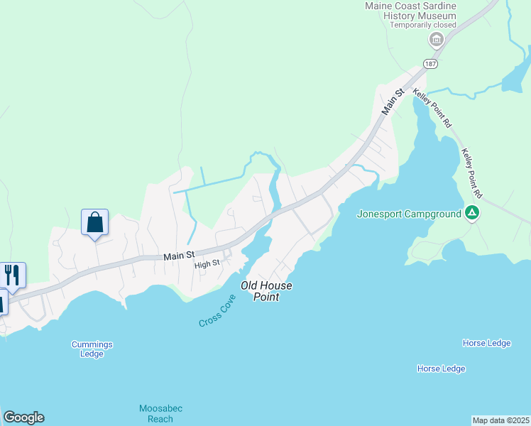 map of restaurants, bars, coffee shops, grocery stores, and more near 24 Island Street in Jonesport