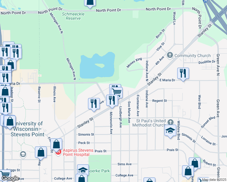 map of restaurants, bars, coffee shops, grocery stores, and more near 2901 5th Avenue in Stevens Point
