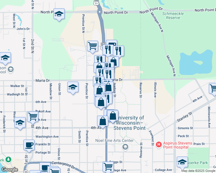 map of restaurants, bars, coffee shops, grocery stores, and more near 200 Isadore Street in Stevens Point