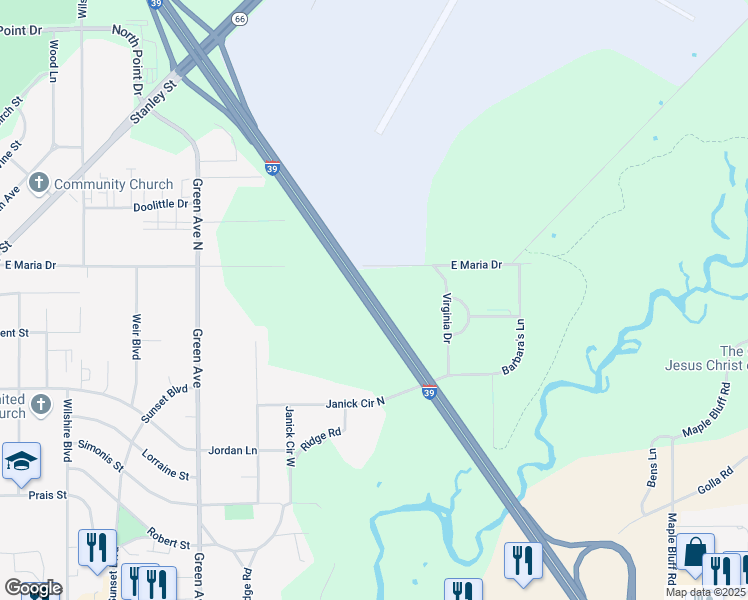map of restaurants, bars, coffee shops, grocery stores, and more near Interstate 39 in Stevens Point