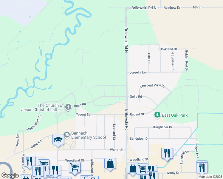 map of restaurants, bars, coffee shops, grocery stores, and more near 5498 Golla Road in Stevens Point