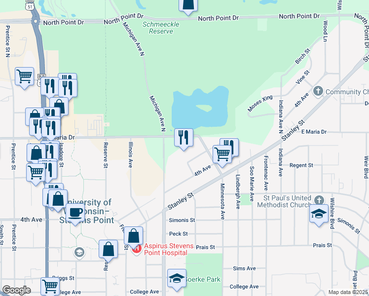 map of restaurants, bars, coffee shops, grocery stores, and more near 2516 5th Avenue in Stevens Point