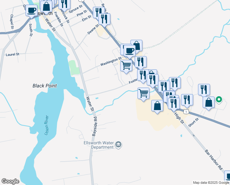 map of restaurants, bars, coffee shops, grocery stores, and more near 49 Foster Street in Ellsworth